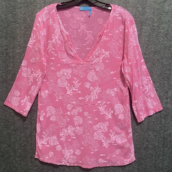 fresh produce Tops - Fresh Produce Top‎ Womens Small Pink Shell Print Cotton Tunic Beach Coastal USA